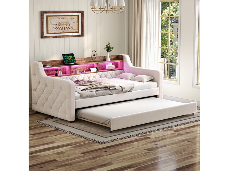  Lit gigogne 90x190 cm avec rangement, led et usb-c bois beige sans matelas  - Conforama E