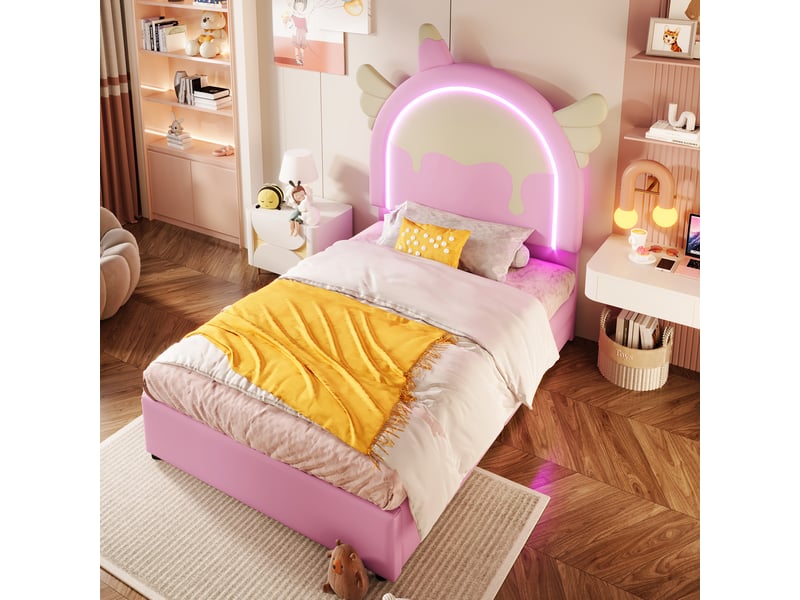  Lit enfant 90x200cm,lit avec rangement en pu avec 2 tiroirs et bande lumineuse,en forme de licorne,rose lit enfant rose - Conforama B