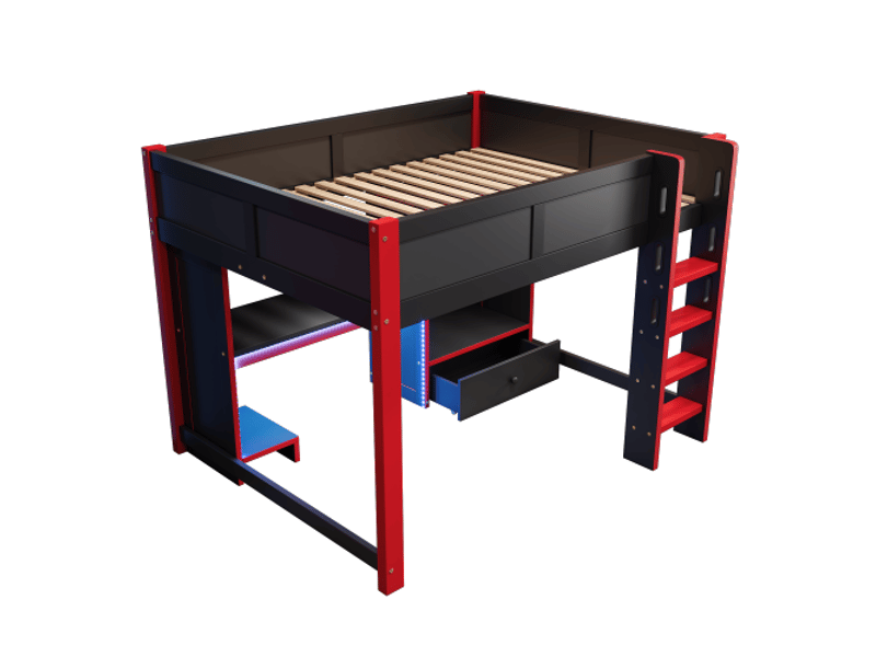  Lit mezzanine gamer 140x200 cm avec bureau et led noir et rouge, échelle, armoire, grands tiroirs, matelas non inclus  - Conforama D