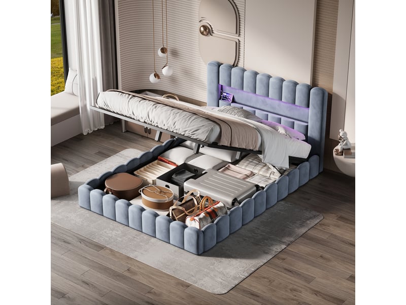 Lit à bulles rembourré 180 x 200 cm, lit hydraulique avec espace de rangement et sommier à lattes, lit double avec éclairage led et ports usb, velours, gris 240309SM0106#ADLyeHWPLQDELLM - Conforama B