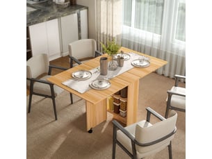 Table pliante de cuisine salle à manger amovible sur roulettes 80l x 140l x 74h cm 2 étagères intégrées en bois coloris bois naturel