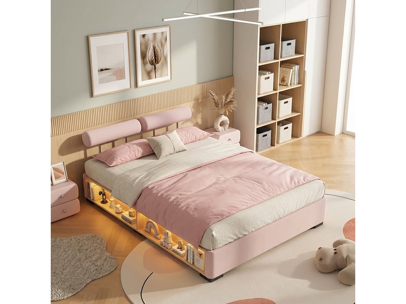  Lit enfant rose 140 × 200 cm en velours, rangement en tête de lit, structure basse, charge maximale 220 kg  - Conforama E