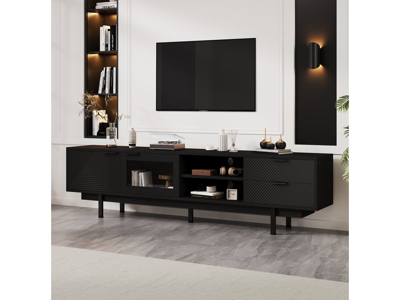  Meuble tv 200x40x50,5 cm, 2 portes, 2 tiroirs, rangement 3 niveaux, pour tv 80 pouces, panneau de particules, noir  - Conforama B