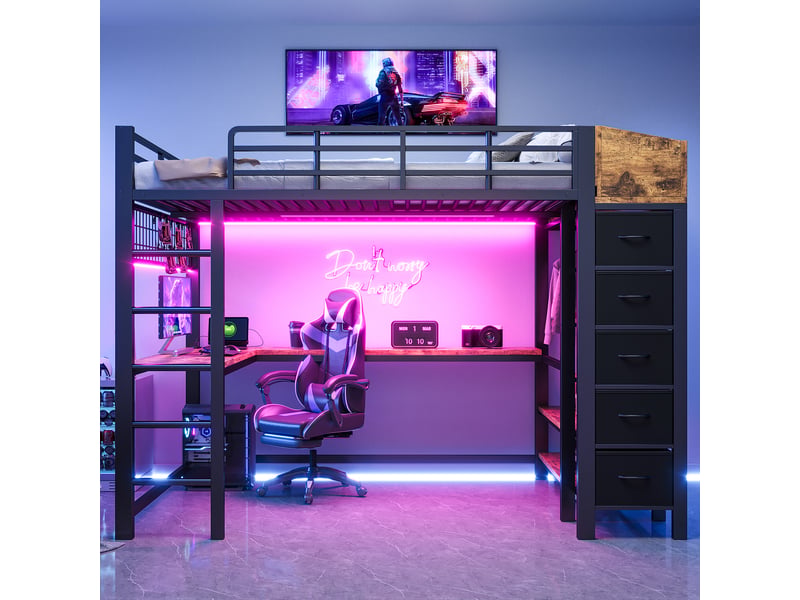 Lit mezzanine gaming 140x200 cm, bureau, led, prises, usb et usb-c, 5 tiroirs en tissu, penderie et étagères, métal et mdf, noir OMNIGLINT TRADING LTD - Conforama C