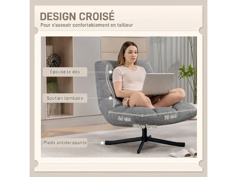  Fauteuil pivotant sans accoudoirs en tissu chenille gris 75x95x90 cm  - Conforama D