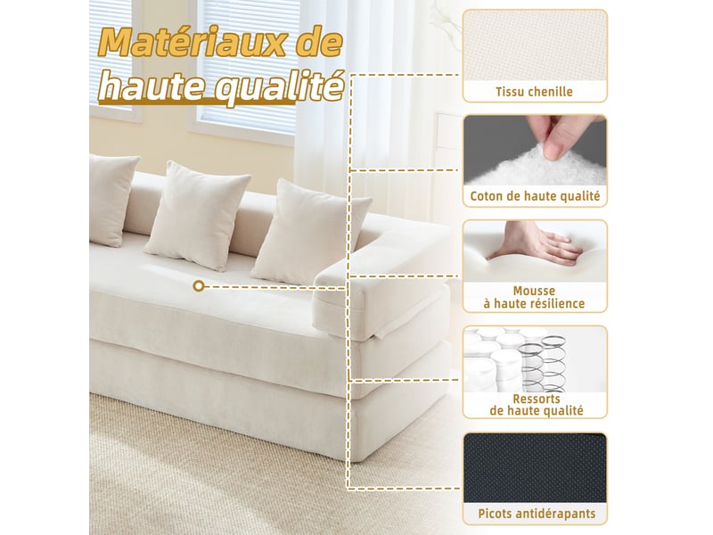  Canapé-lit convertible compressée modulable 3 places,198x79x60cm,avec poches latérales et base anti-glisse,chenille,beige  - Conforama D