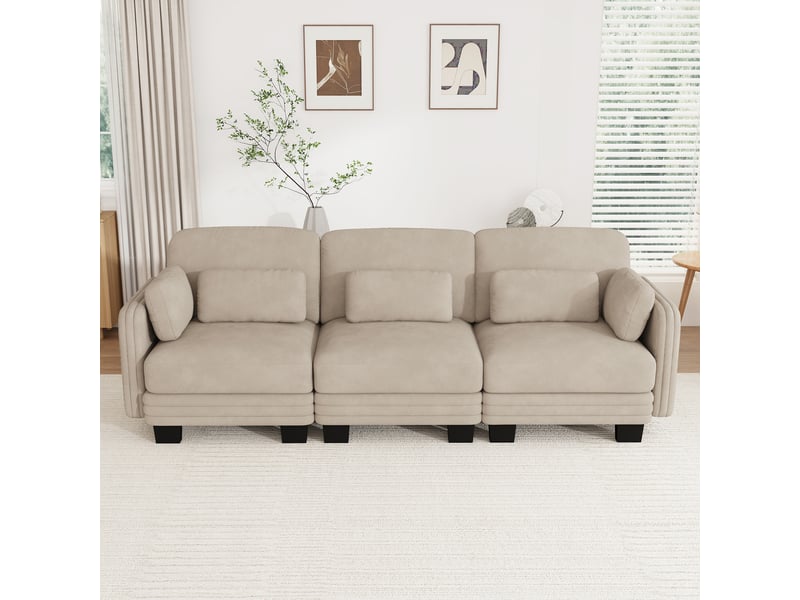  Canapé modulable - 3 places - coussins d'accoudoirs - tissu chenille - mobilier de salon - configuration flexible - brun clair CozyNest - Conforama C