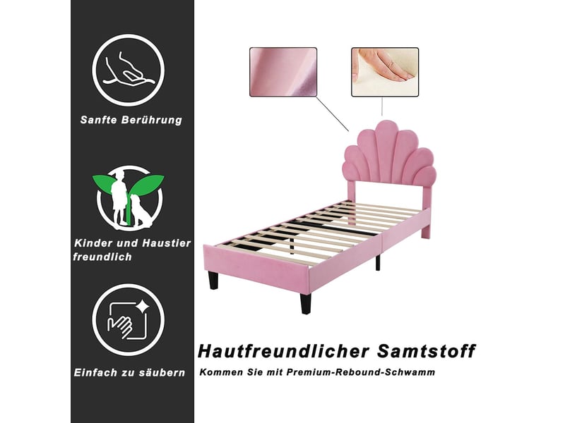  Lit enfant 90 x 200cm tête de lit en forme de fleur lit 1 personne sommier à lattes tissu velours doux pour la peau lit simple,rose  - Conforama E