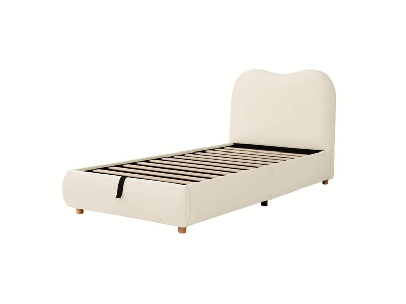 Lit coffre enfant 90x190 cm avec sommier, lit simple en velours beige, sans matelas - Conforama R