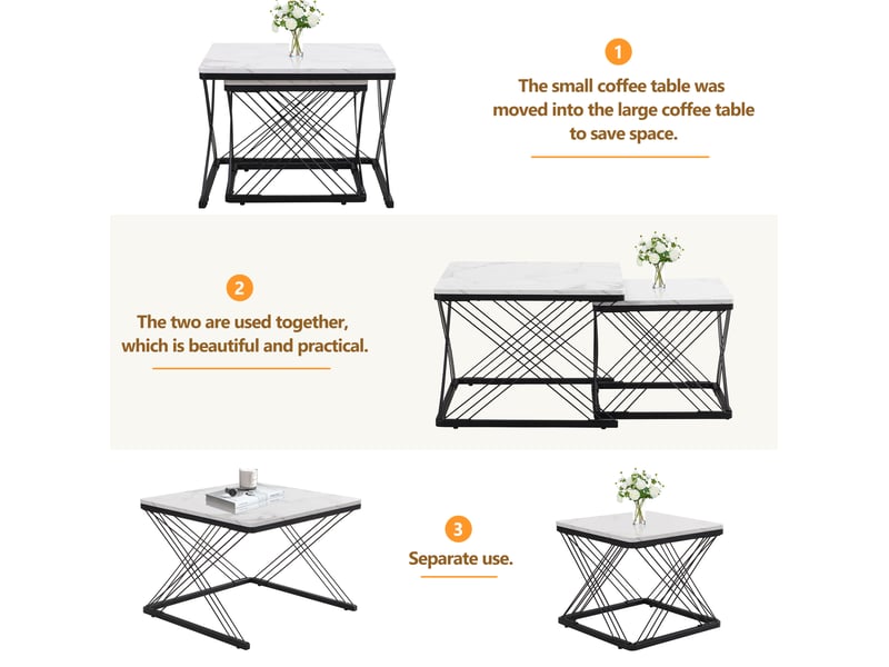  Tables basses gigognes carrées avec pieds réglables et finition marbre brillant, en mdf, blanc et noir pour salon  - Conforama E