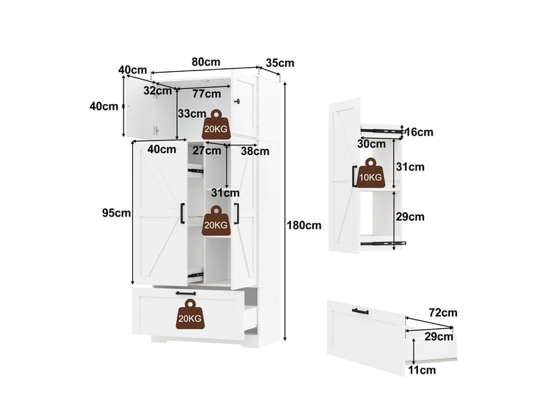 Armoire haute de cuisine 80x35x180 cm avec 4 tiroirs, étagères réglables, grand rangement, façades style grange, anti-basculement, mdf blanc - Conforama D