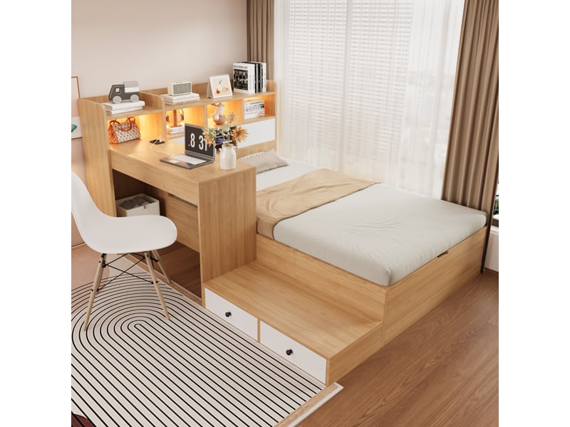  Lit coffre 90 x 200 cm avec rangement hydraulique, bureau, tête et pied de lit à rangements, prise et led, mdf - blanc et naturel OMNIGLINT TRADING LTD - Conforama B