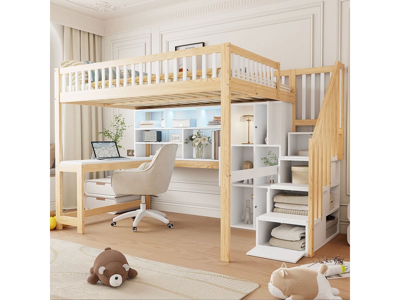  Lit mezzanine avec bureau, rangement et led, en pin et mdf, couchage 140x200 cm, blanc et naturel  - Conforama E
