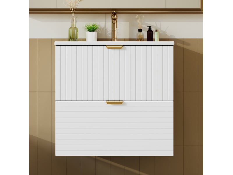 Meuble vasque suspendu 61 x 46 x 57 cm – blanc – 2 tiroirs silencieux, vasque intégrée - Conforama E