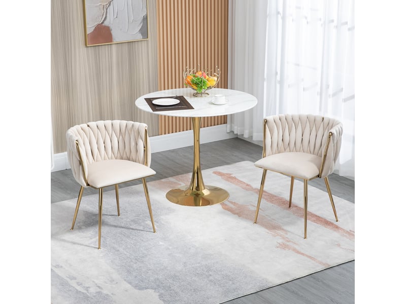  Lot de 2 chaises de salle à manger 55,5x41x74 cm, dossier arrondi, pieds métalliques, tissu velours, coloris ivoire, style tressé  - Conforama E