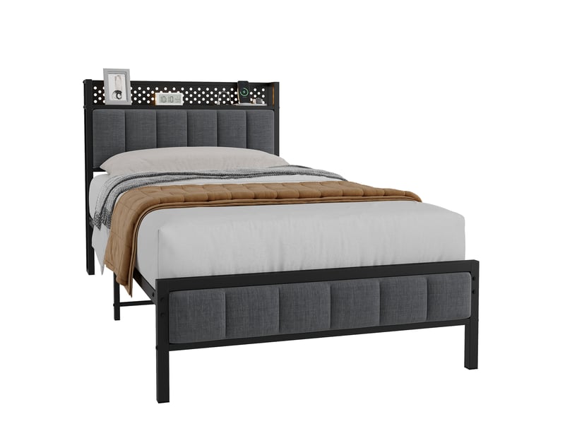  Lit simple en métal 90x200 cm avec rangement et usb noir  - Conforama A