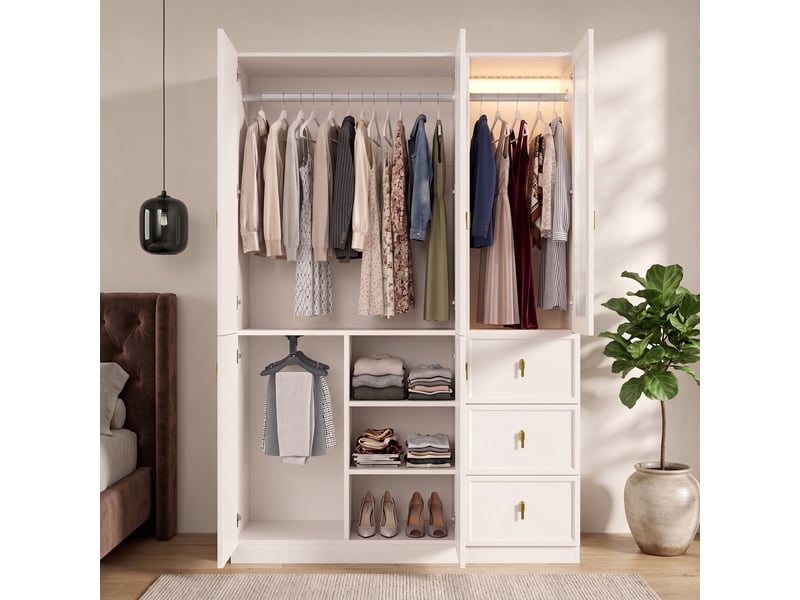 Armoire blanche 5 portes avec éclairage led 135x48x200 cm - penderie 3 tiroirs en verre strié - Conforama W