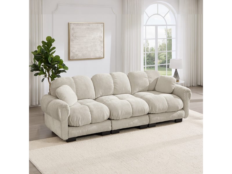  Canapé 3 places effet nuage en tissu chenille kaki clair, assises épaisses, dossier ergonomique et 2 coussins décoratifs SF20260031004 - Conforama D