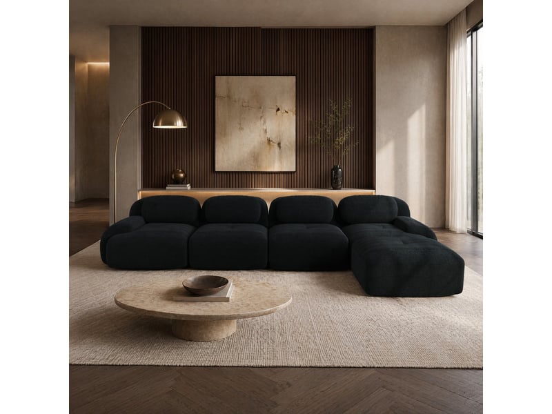  Canapé d'angle modulable modenvie 4 places avec méridienne 388 x 178 cm en velours côtelé noir  - Conforama D