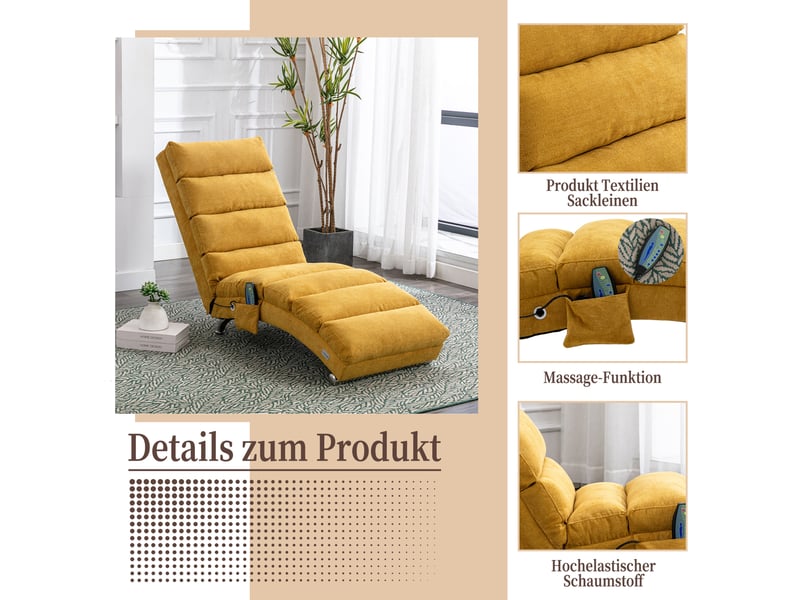  Fauteuil relax massant fixe 148x55x84 cm, soutien corps entier, vibration douce, lin, jaune moutarde  - Conforama E