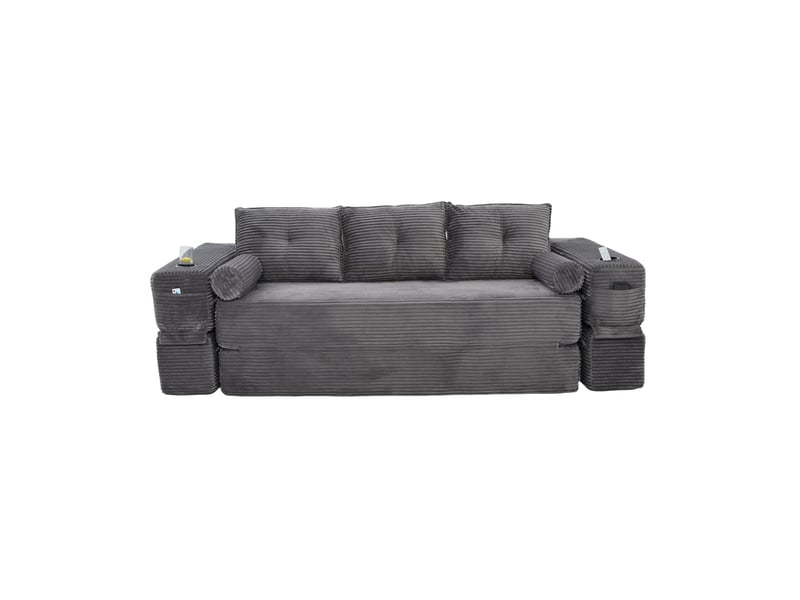  Canapé convertible 3 places en velours côtelé gris foncé avec poches et porte-gobelet  - Conforama A
