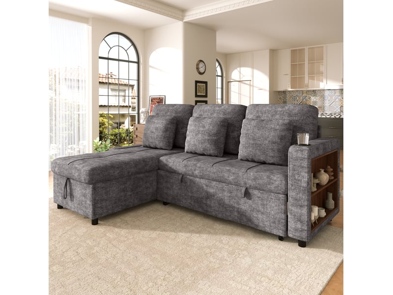  Canapé convertible modenvie 3 places avec méridienne et coffre en chenille gris 201,3 x 126,1 x 86,1 cm  - Conforama E