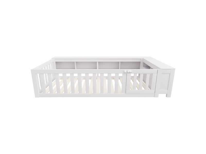 Lit enfant avec rangement, 90x200, en bois massif blanc, barrière de sécurité et sommier à lattes - Conforama A