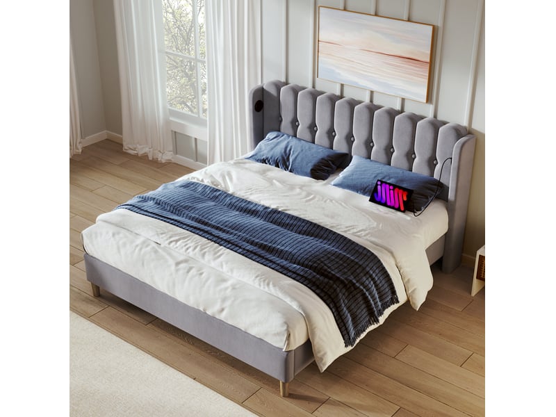  Lit rembourré tcqpz 140 x 200 cm avec usb et type-c gris en lin sommier à lattes  - Conforama D