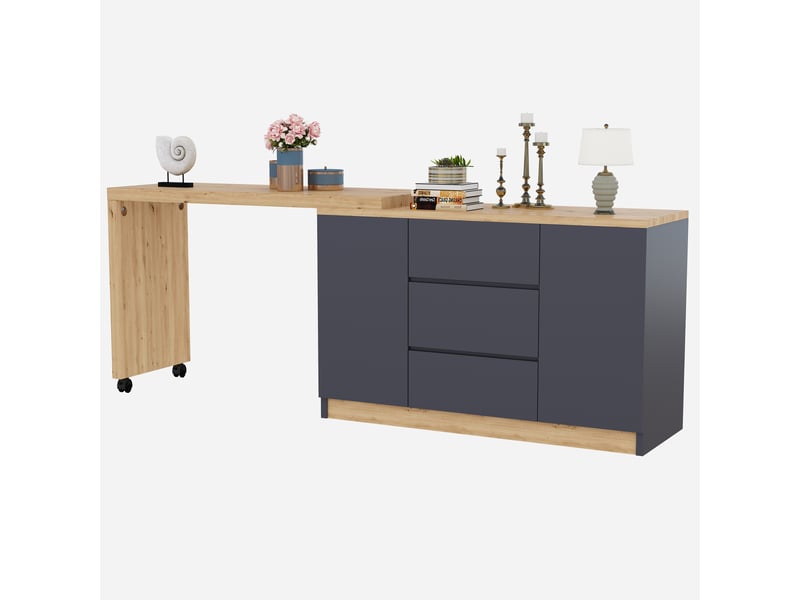  Bureau d'angle pivotant, bureau à roulettes avec freins, bureau gris et chêne, table de travail modulable pour maison et bureau.  - Conforama W