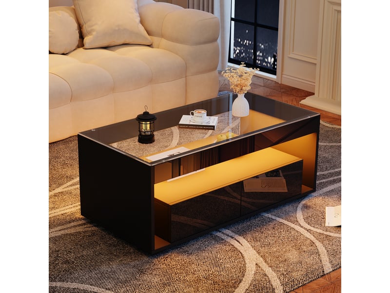  Table basse noire avec led 100x50x40 cm, table de salon avec 2 tiroirs et plateau en verre trempé  - Conforama W