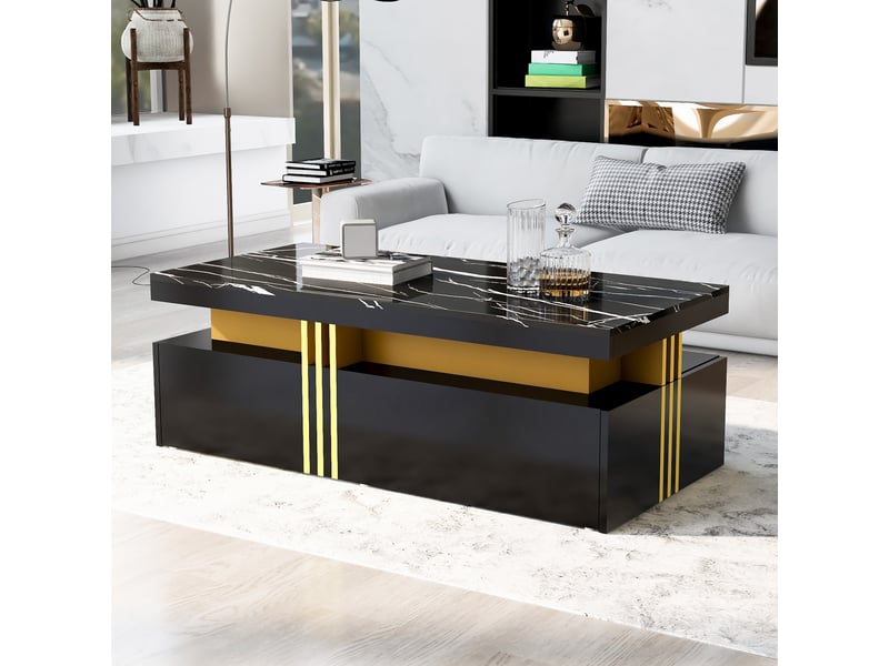  Table basse noire brillante rectangulaire effet marbre 2 tiroirs 100x50x40 cm  - Conforama E