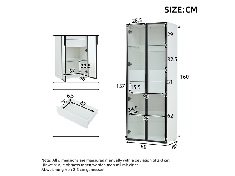  Vitrine buffet haut led 60 × 40 × 160 cm blanc et noir avec 2 portes en verre trempé, 2 tiroirs, étagères réglables et contrôle par application CARDUME ESTIVAL - Conforama C