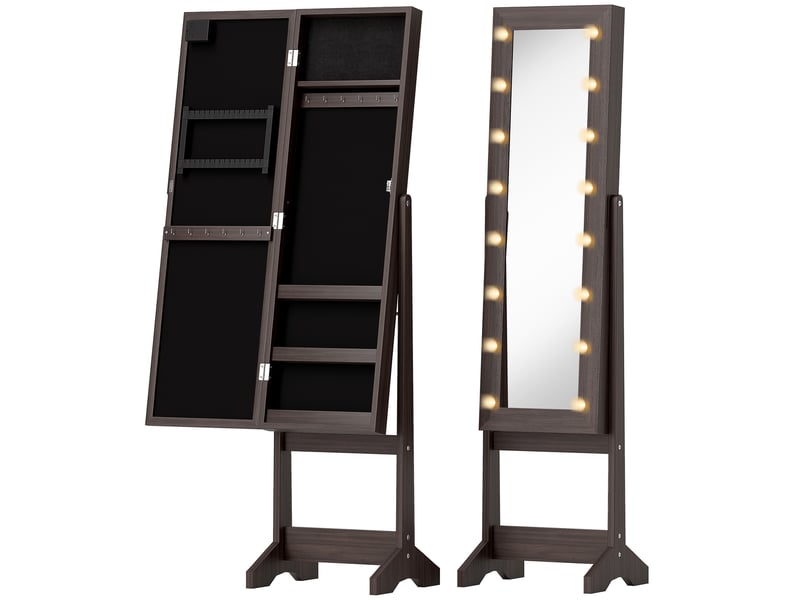  Armoire à bijoux, armoire de rangement sur pieds, boîte à bijoux avec miroir multi-rangements éclairage led marron foncé  - Conforama A