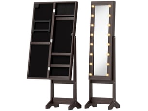Armoire à bijoux, armoire de rangement sur pieds, boîte à bijoux avec miroir multi-rangements éclairage led marron foncé
