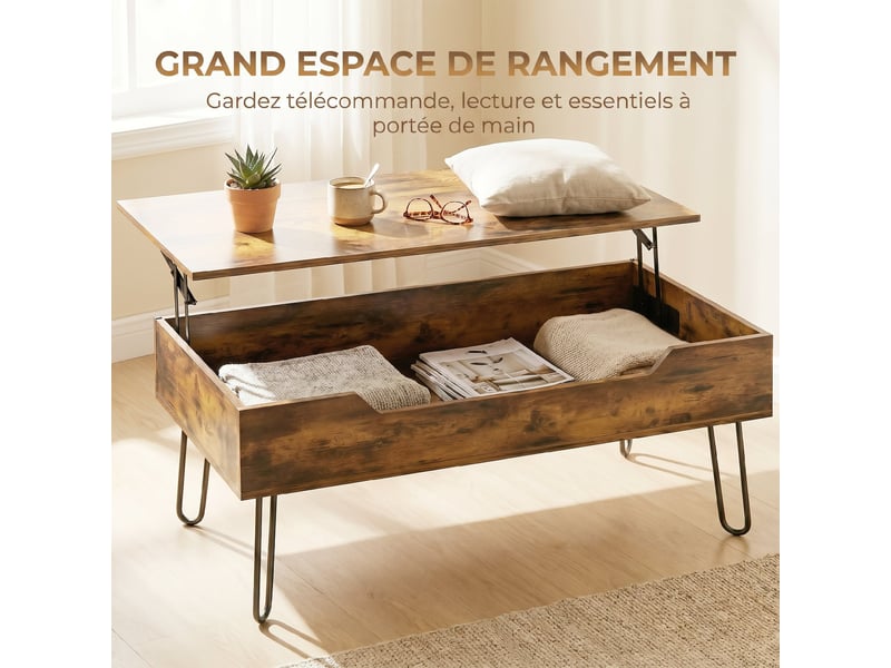  Table basse relevable en bois avec grand rangement caché, hauteur réglable, marron rustique, 95 x 50 x 40 cm  - Conforama E