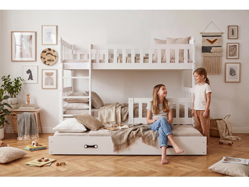  Lit superposé 3 places quba 90x190 cm + lit tiroir 70x180 cm interbeds - bois massif de pin - blanc  - Conforama R