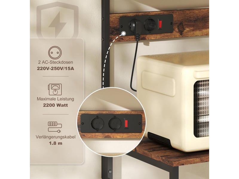  Étagère de cuisine avec prises 60x42x153cm, meuble micro-ondes industriel marron rustique (sans matelas).  - Conforama E