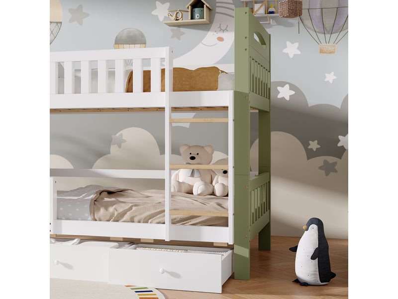  Lit superposé enfant 90 x 200 cm en bois, blanc et vert, avec échelle, barrière de sécurité surélevée, étagère latérale et 3 tiroirs  - Conforama E
