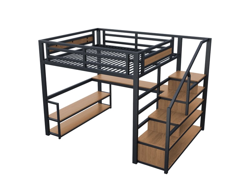  Lit mezzanine noir 140x200cm avec escalier rangement, table et étagères, confort durable, durable - fer et mdf - pour enfant ado  - Conforama C