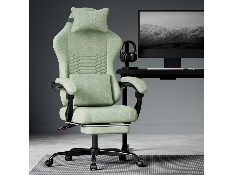  Chaise de bureau 64 x 50 x 114–124cm - chaise de gaming ergonomique avec repose-pieds rétractable - tissu lin - vert  - Conforama B