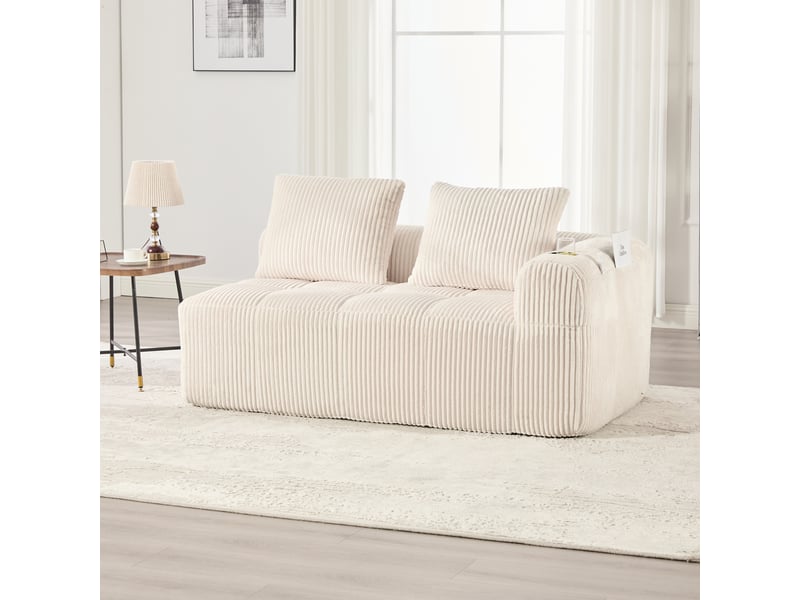  Canapé 2 places compact 158x93x61cm, poche latérale, porte-gobelets, mousse à haute densité, ressorts intégrés, velours côtelé beige  - Conforama B