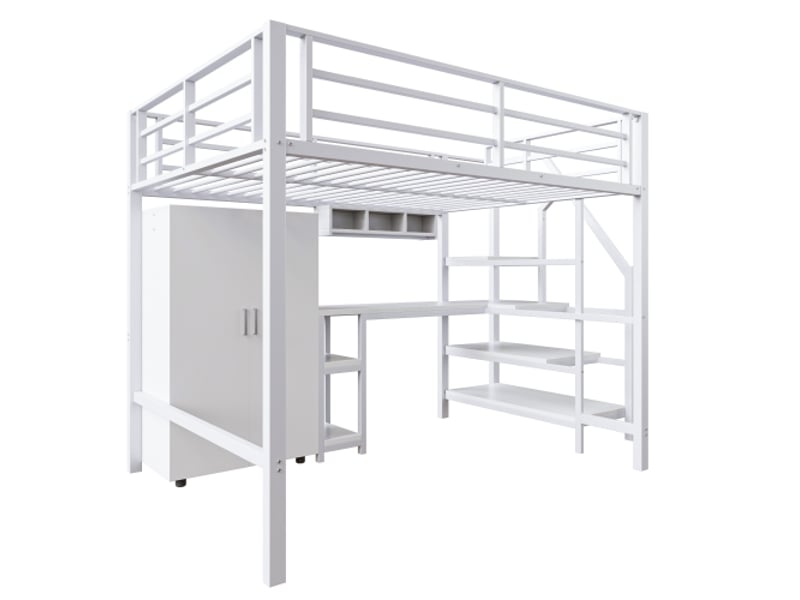  Lit mezzanine 140x200 cm, avec armoire et bureau intégré, en métal, blanc, sans matelas  - Conforama E