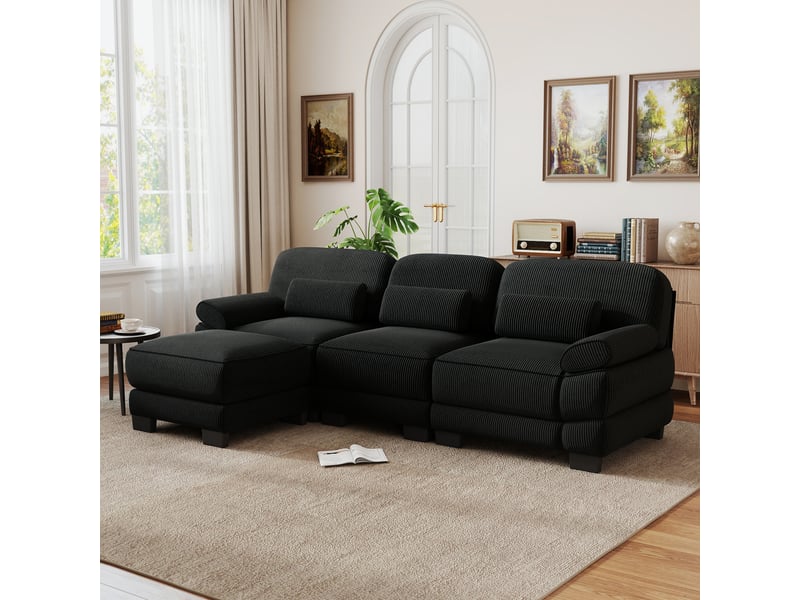 Canapé d'angle 3 places en l avec 1 pouf, coussin lombaire épais, assise profonde, tissu confortable, noir, pour salon - Conforama B