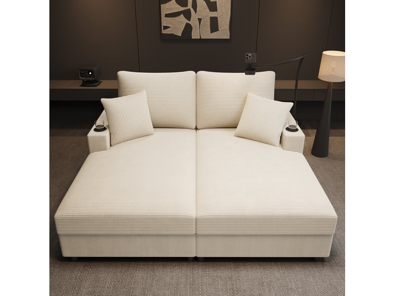  Canapé droit convertible 2 places en velours côtelé beige, avec usb, usb-c, porte-téléphone et 2 porte-gobelets  - Conforama E
