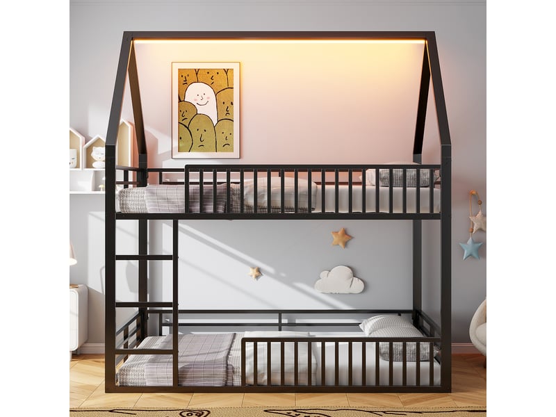 Lit superposé maison 140x200 cm noir, avec garde-corps, led 7 couleurs, structure métal, sommier inclus, sans matelas - Conforama W