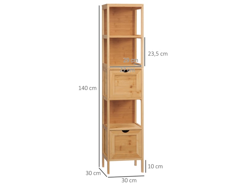  Meuble de rangement salle de bain 30x30x140 cm 3 compartiments 2 tiroirs bambou naturel  - Conforama D