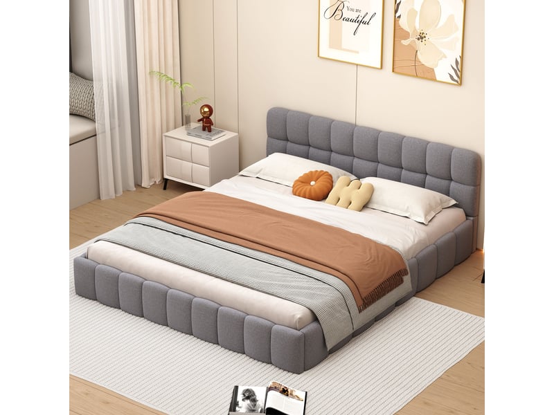  Lit double rembourré en tissu lin 140x190cm-gris - tête de lit capitonnée design et structure robuste  - Conforama D