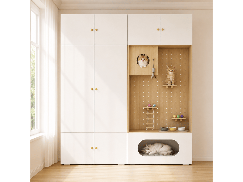  Armoire penderie avec espace chat 2 en 1 180x50x200 cm - blanc et bois  - Conforama B