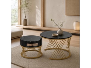 Tables basses gigognes rondes avec 1 tiroir et 2 plateaux, style moderne, pour salon, en mdf, noir et doré