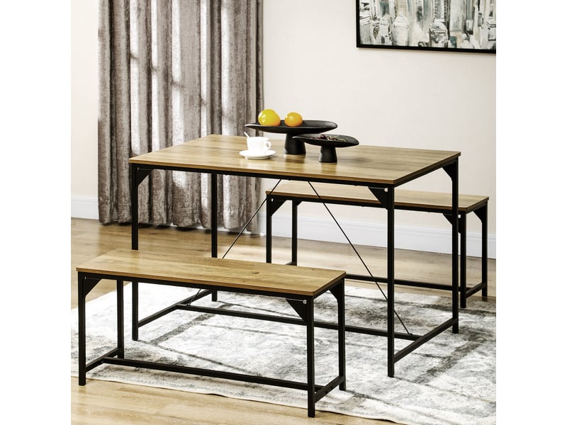 Ensemble table à manger et 2 bancs cadre en acier 4 personnes pour cuisine salle à manger salon naturel et noir - Conforama D